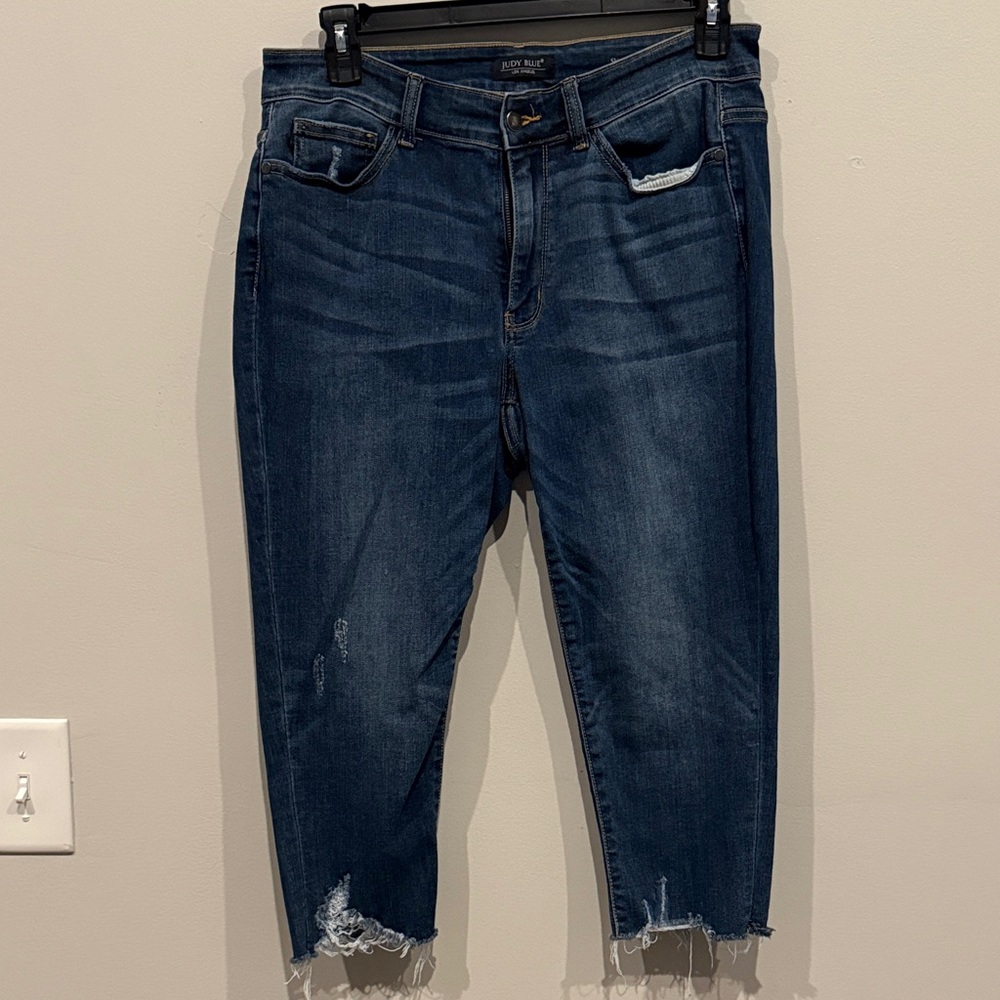 Judy Blue Dark Blue Ankle Crop Distressed Hem Jeans size 14